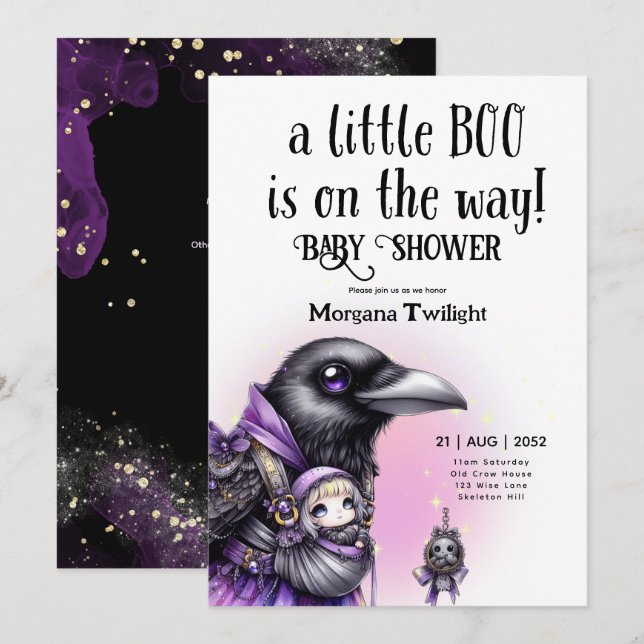 Goth Baby Girl Delivered by Crow Boo on the Way Invitation (Front/Back)