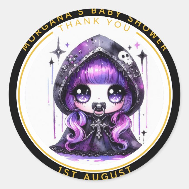 Goth Baby Girl Shower Delivered by Crow Thank You  Classic Round Sticker (Front)