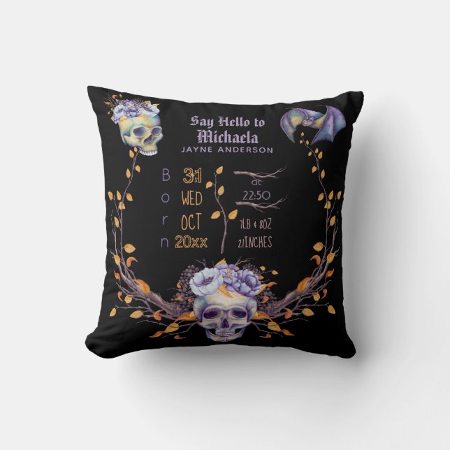 GOTH Baby Stats Skulls Purple Black Halloween Girl Cushion (Front)