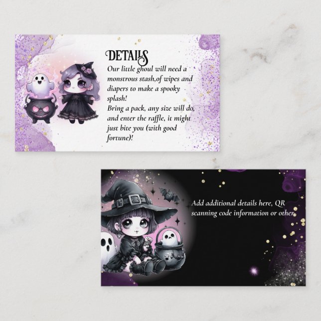 Goth Baby Witch Shower Purple Black Diaper Raffle Enclosure Card (Front/Back)