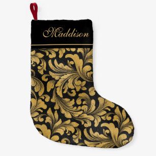 Goth Black And Gold Floral Pattern Small Christmas Stocking