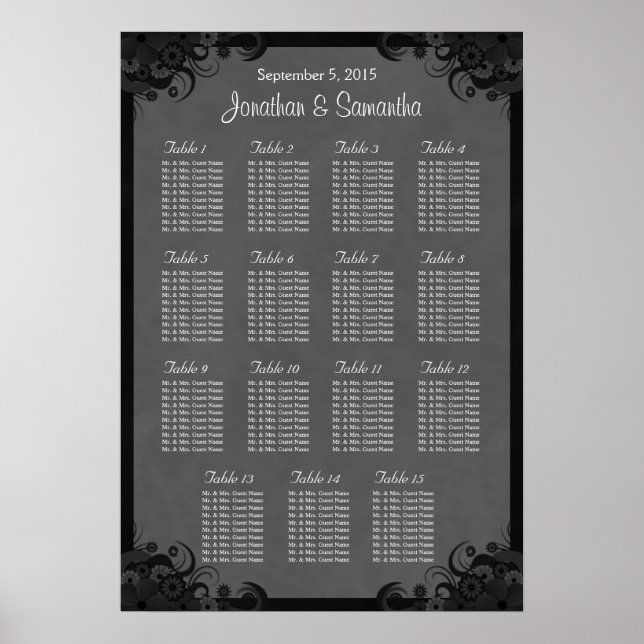 Goth Black and Grey 15 Wedding Table Seating Chart (Front)