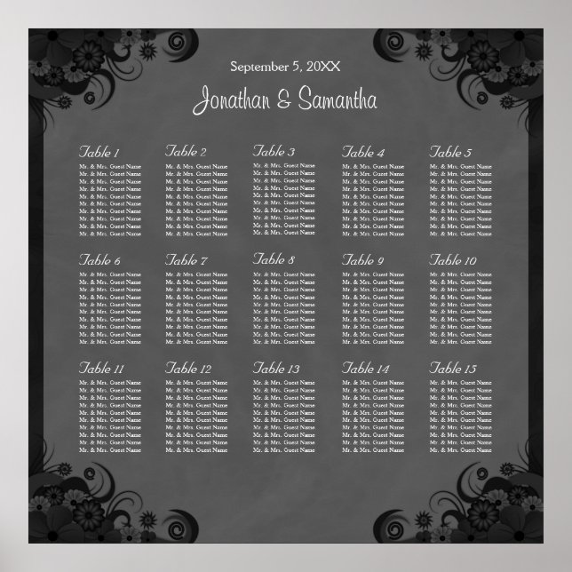Goth Black and Grey Wedding 15 Table Seating Chart (Front)