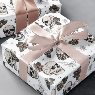 Goth Black and White Skull and Flowers Halloween Wrapping Paper
