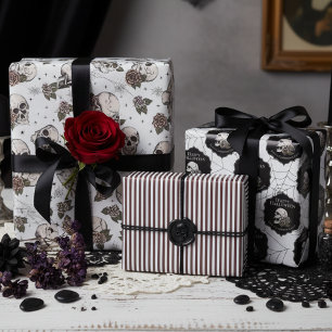 Goth Black and White Skulls and Stripes Halloween  Wrapping Paper Sheet