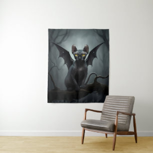 Goth Black Elf Sphynx Cat Art Bat Wings Wall Decor Tapestry