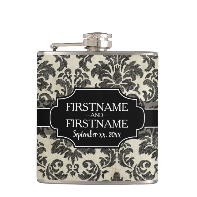 Goth Black Lace and Parchment Wedding Anniversary Hip Flask (Front)
