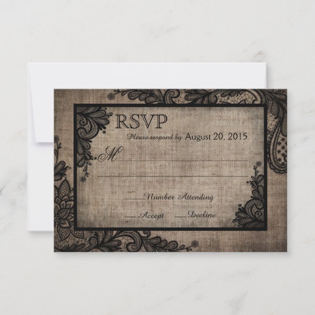 Goth Black Lace Rustic Burlap RSVP Card (Front)