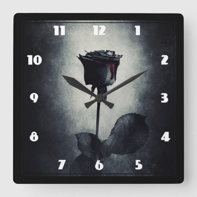 Goth Black Rose Dripping Blood on Black Grunge Square Wall Clock (Front)