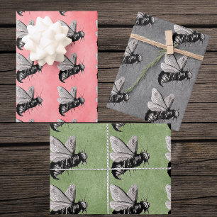 Goth Black White Bees Skull Crossbones on Wings Wrapping Paper Sheet