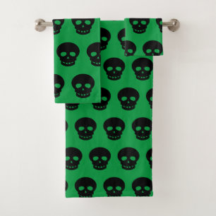 Goth Black Winter Green Skull Pattern Bath Towel Set