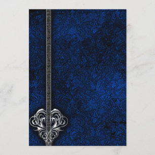 Goth Blue Damask Silver Heart wedding Invitation