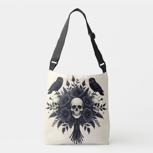 Goth Bouquet with Three Skulls and Two Owls Crossbody Bag (Front)
