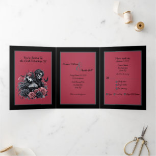 Goth Bride and Groom Black Pink Grey Tri-Fold Invi Invitation