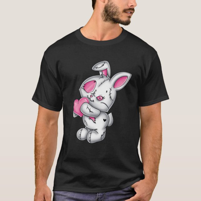 Goth Bunny Cute Creepy Emo Gothic White Bunny Pink T-Shirt (Front)