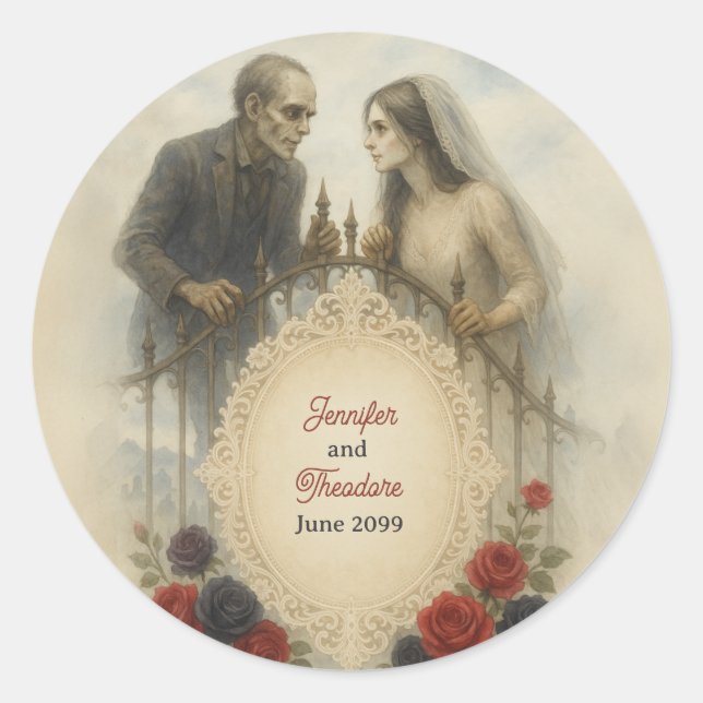 Goth Couple Zombie Halloween Wedding Classic Round Sticker (Front)