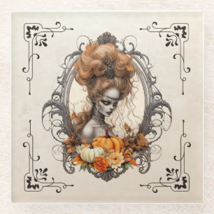 Goth Creepy Lady Pumpkins Glass Coaster