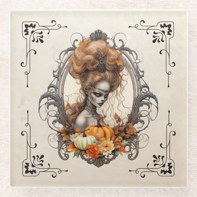 Goth Creepy Lady Pumpkins Glass Coaster (Front)