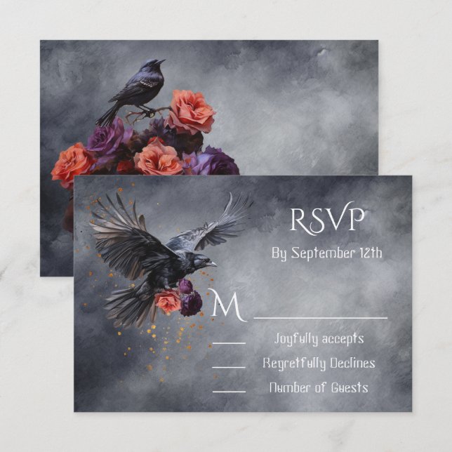 Goth Crow Floral Wedding response cards RSVP (Front/Back)