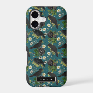 Goth Crows & Black Roses Deep Teal Pattern