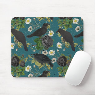 Goth Crows & Black Roses Deep Teal Pattern Mouse Mat