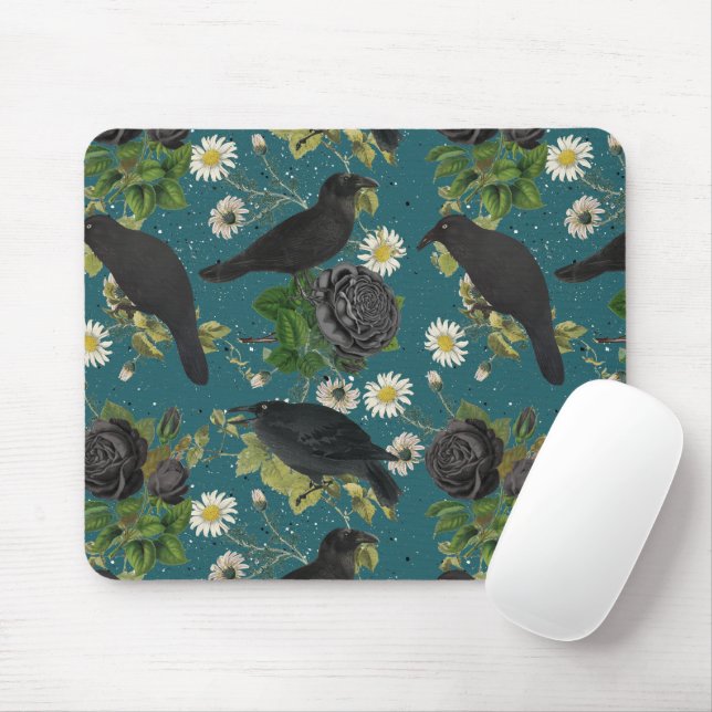Goth Crows & Black Roses Deep Teal Pattern Mouse Mat (With Mouse)