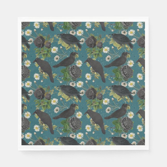 Goth Crows & Black Roses Deep Teal Pattern Napkin (Front)