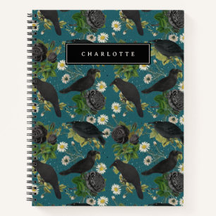 Goth Crows & Black Roses Deep Teal Pattern Notebook