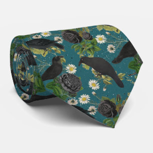 Goth Crows & Black Roses Deep Teal Pattern Tie