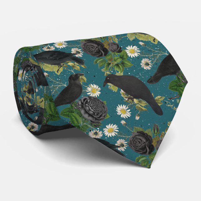 Goth Crows & Black Roses Deep Teal Pattern Tie (Rolled)