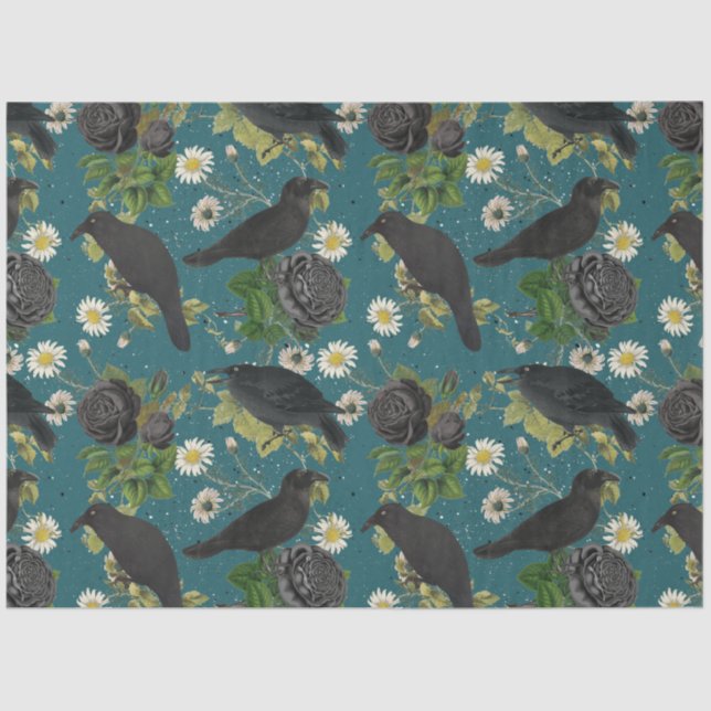 Goth Crows & Black Roses Deep Teal Pattern Tissue Paper (Front)