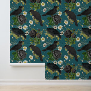 Goth Crows & Black Roses Deep Teal Pattern Wallpaper