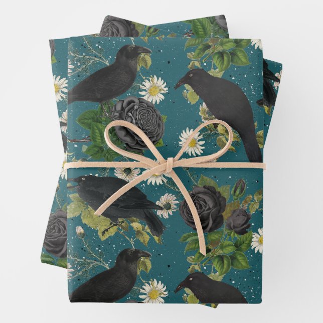 Goth Crows & Black Roses Deep Teal Pattern Wrapping Paper Sheet (In situ)