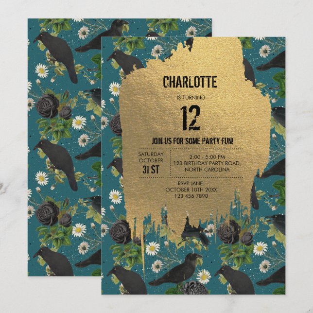 Goth Crows & Black Roses Teal Halloween Birthday Invitation (Front/Back)