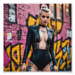 Goth Cyber Punk Girl Graffiti Alley Black Leather Photo Print