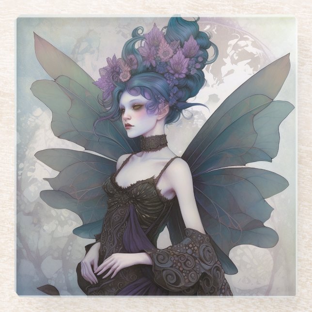 Goth Dark Fairy Girl Fantasy Art Glass Coaster (Front)