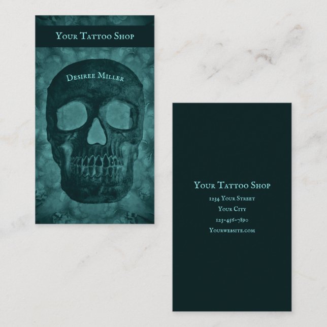 Goth Dark Teal Skull Tattoo Shop Business Card (Front/Back)