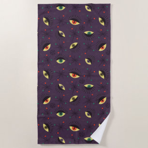 Goth Eyes Witchy Purple Pattern Occult Beach Towel