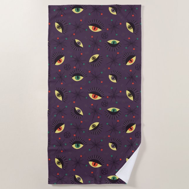 Goth Eyes Witchy Purple Pattern Occult Beach Towel (Front)