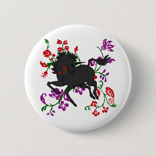 Goth Fantasy Black Unicorn Horse in Flowers 6 Cm Round Badge