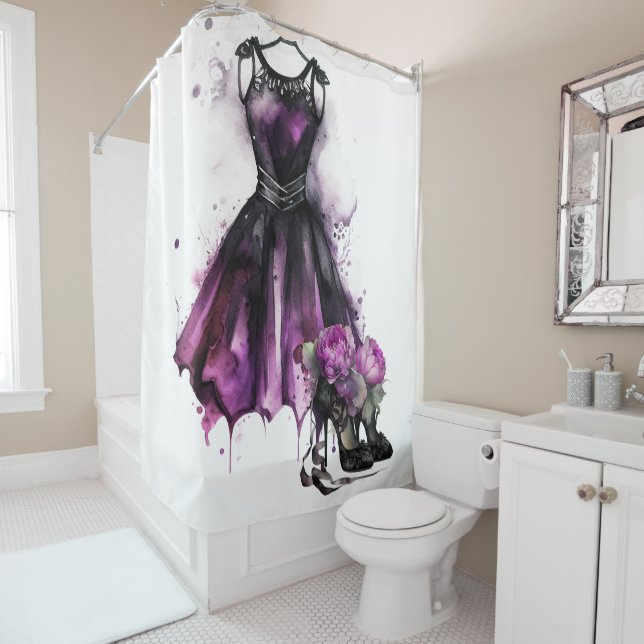 Goth Fashion | Purple Dress with High Heels Splat Shower Curtain (In Situ)