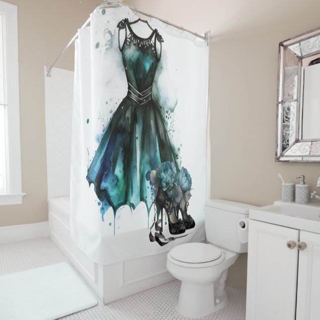 Goth Fashion | Teal Dress with High Heels Abstract Shower Curtain (In Situ)