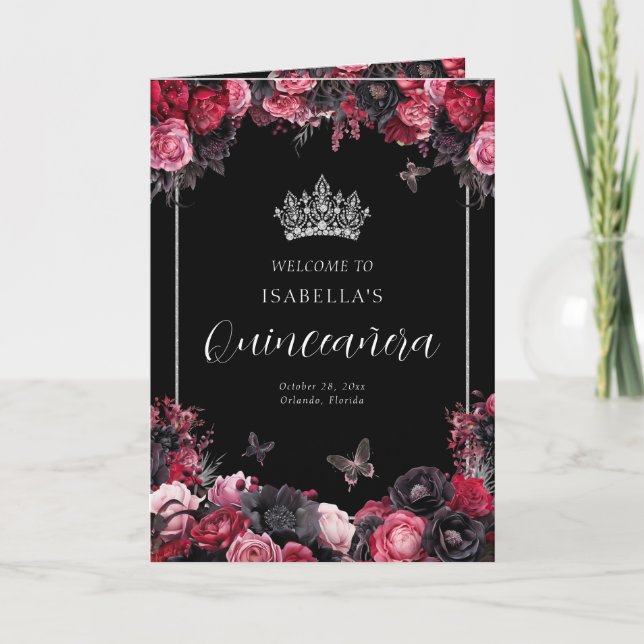 Goth Floral Quinceanera Princess Padrinos Event Programme (Front)