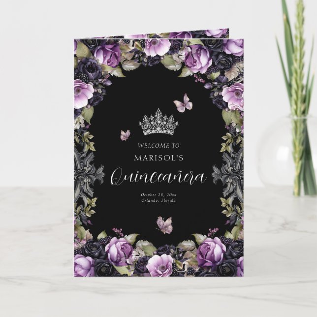 Goth Floral Quinceanera Princess Padrinos Event Programme (Front)