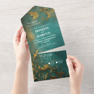 Goth Floral Teal And Gold  All In One Invitation