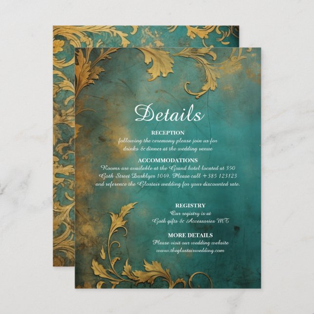 Goth Floral Teal And Gold Enclosure Card (Front/Back)