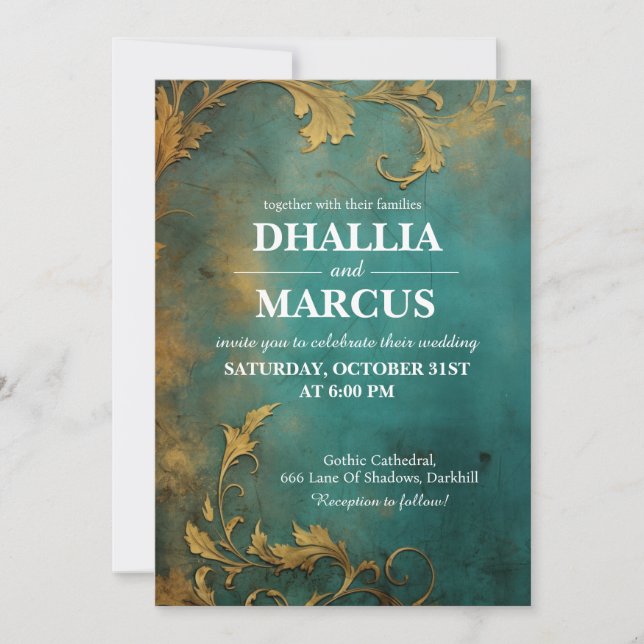 Goth Floral Teal And Gold  Invitation (Front)