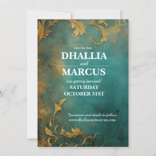 Goth Floral Teal And Gold Save The Date