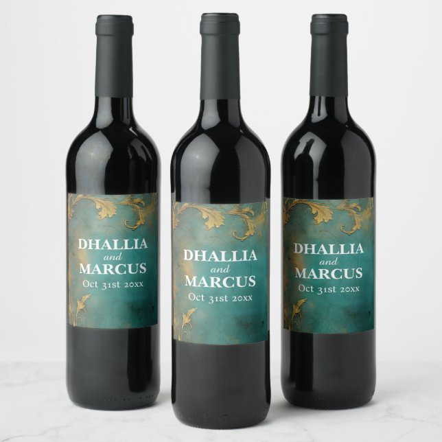 Goth Floral Teal And Gold Wine Label (Bottles)