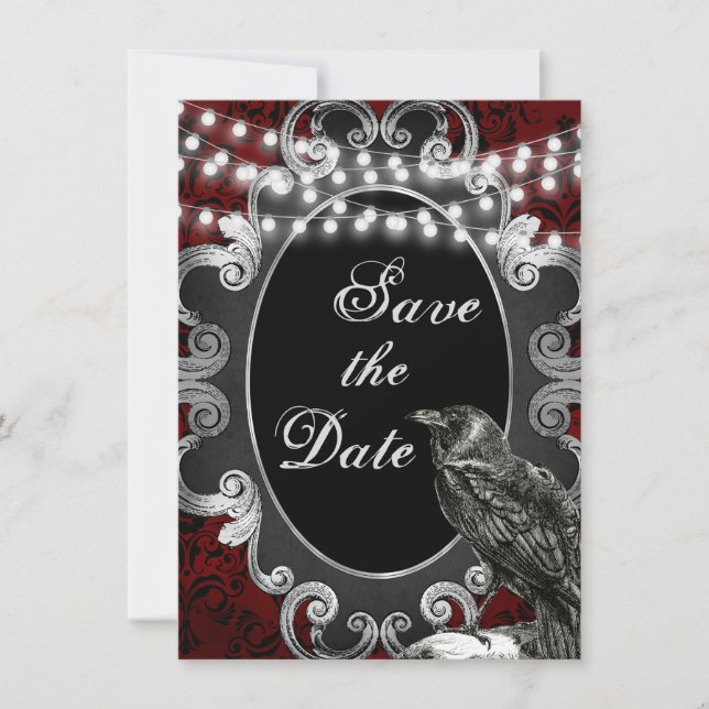 Goth Frame, Crow and Lights on Red Gothic Wedding Save The Date (Front)